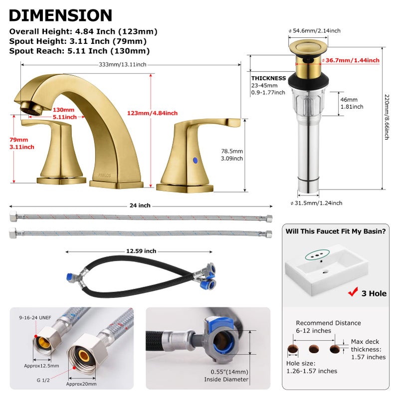 PARLOS 2-Handle Widespread Bathroom Faucet with Metal Pop Up Drain and cUPC Faucet Supply Lines, Brushed Gold, Doris 1417208 - Image 5